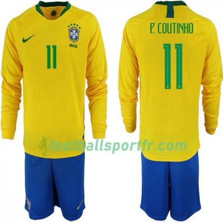 Tenue Brésil P. Coutinho 11 Enfant Domicile Coupe du monde 2018 Maillot de Foot ML
